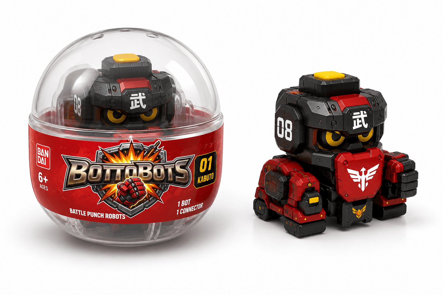 Red and black BottoBots Kabuto toy robot next to its clear spherical display capsule.