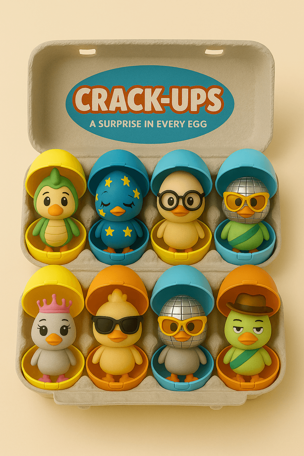 Eight themed bird figurines inside colorful plastic eggs within an open 'Crack-Ups' egg carton.