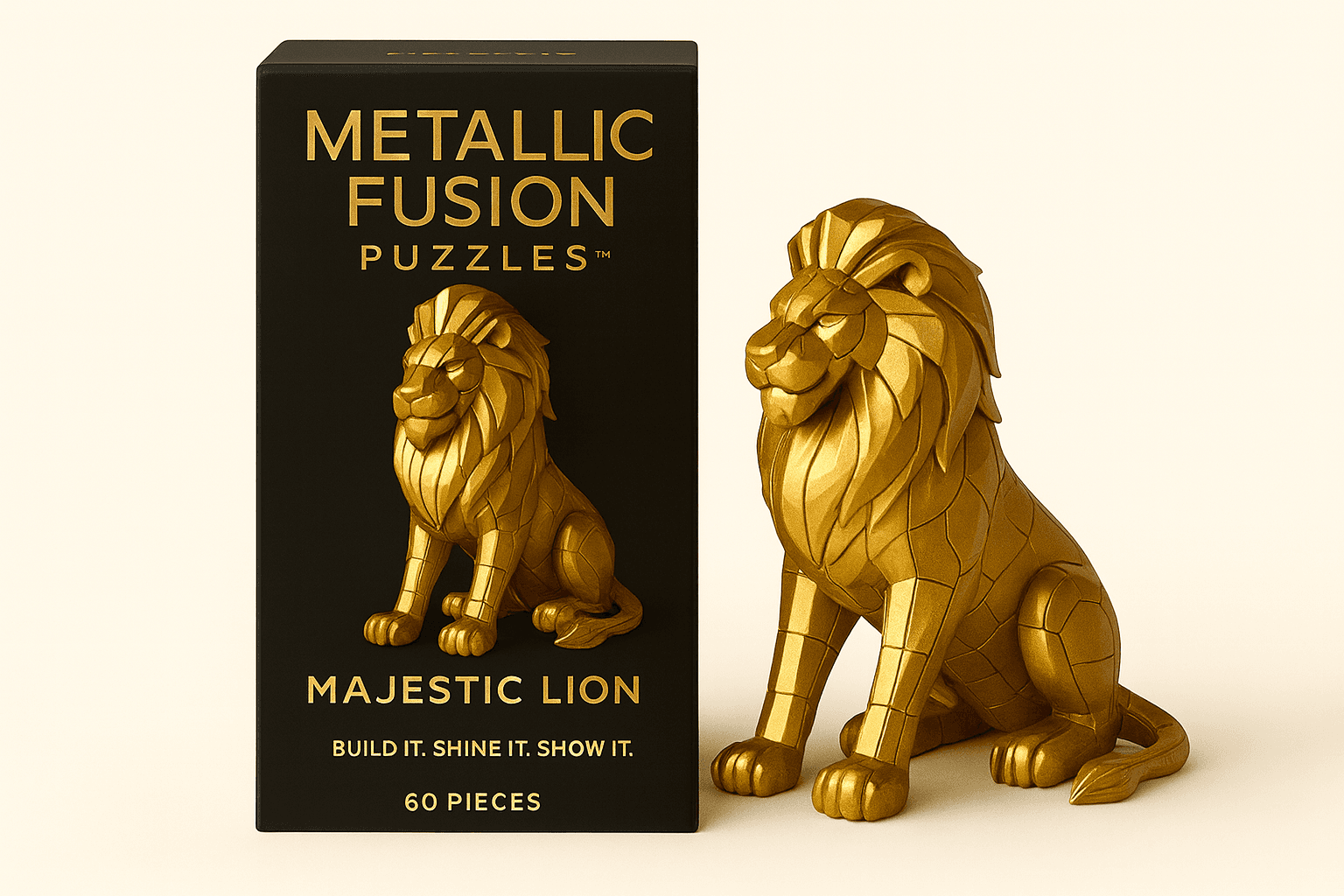 Black Majestic Lion puzzle box next to a completed golden, faceted 3D lion figurine.