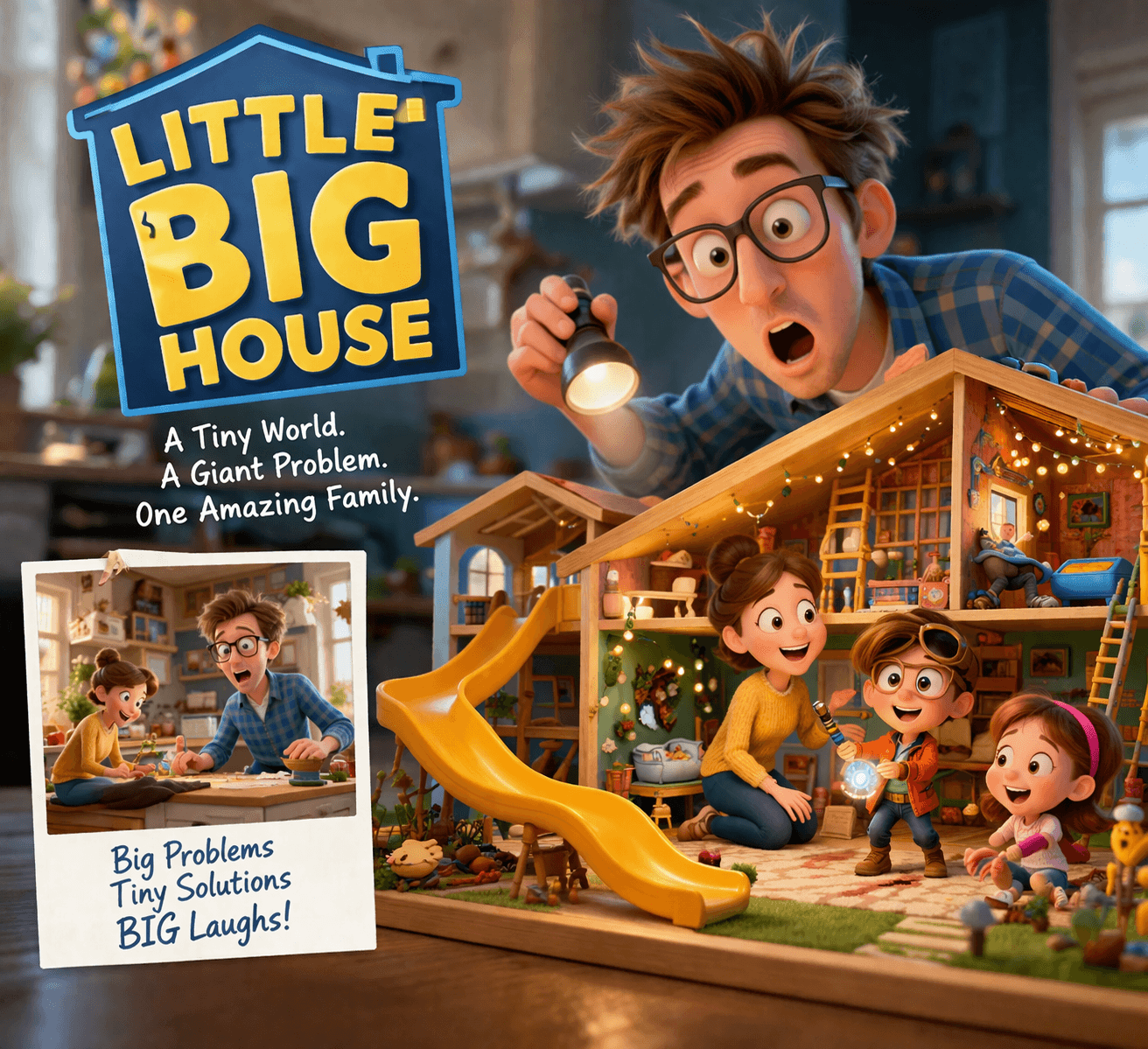 Surprised man with flashlight peers into a dollhouse inhabited by a tiny, happy family.